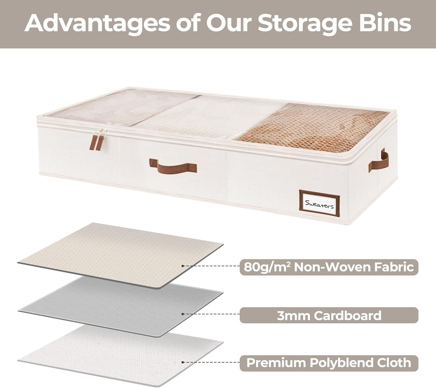 Underbed Storage Boxes with Lids, Large under Bed Storage Box Containers for Bedroom Accessories Organising Clothes Bedding, Rigid under Bed Organisers Ultra Thick, Ivory White, 2-Pack