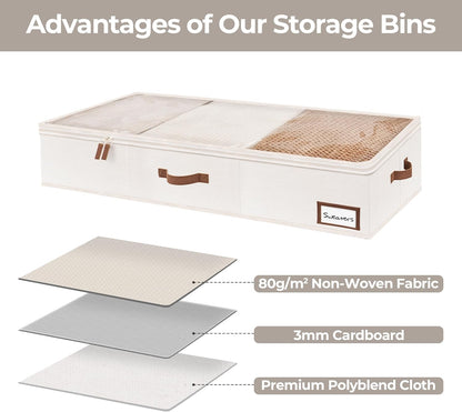 Underbed Storage Boxes with Lids, Large under Bed Storage Box Containers for Bedroom Accessories Organising Clothes Bedding, Rigid under Bed Organisers Ultra Thick, Ivory White, 2-Pack