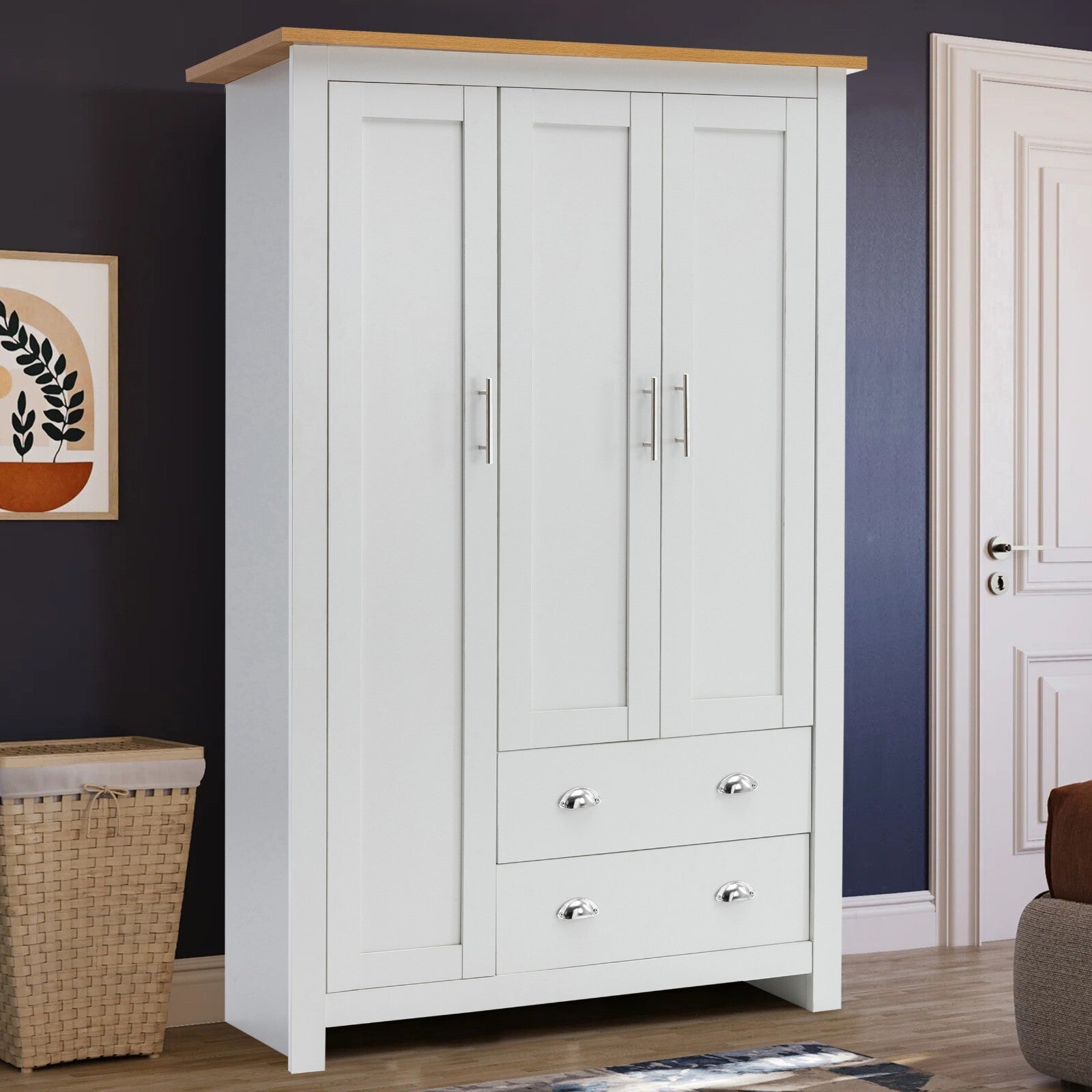 3 Door 2 Drawers Wardrobe with Shelves Storage & Hanging Rail Bedroom Furniture