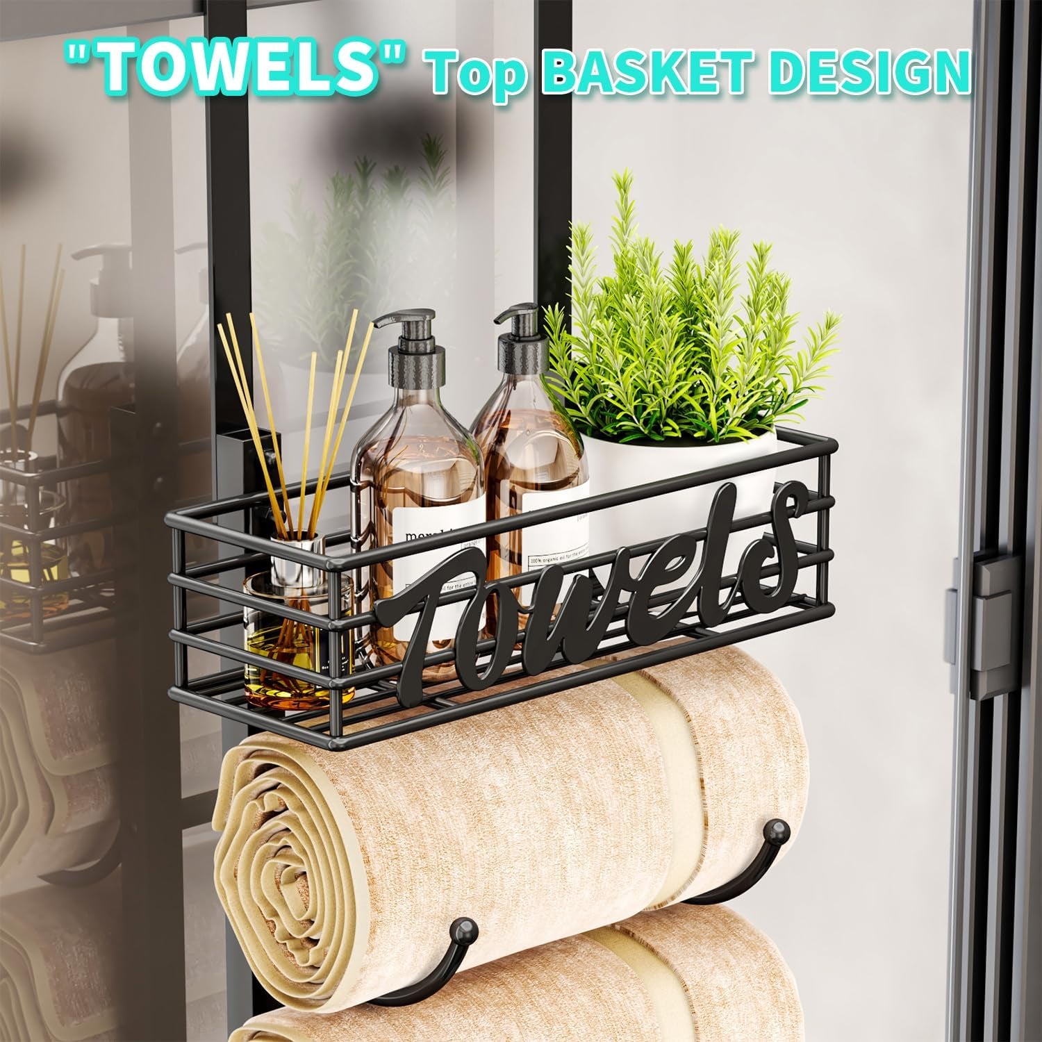 over Door Towel Rack - Towel Storage Rack Wall Mounted with Metal Shelf Basket, 6-Tier over Door Towel Rail & Bathroom Storage Organiser Towel Holder for Small Bathroom, Camper, Rv
