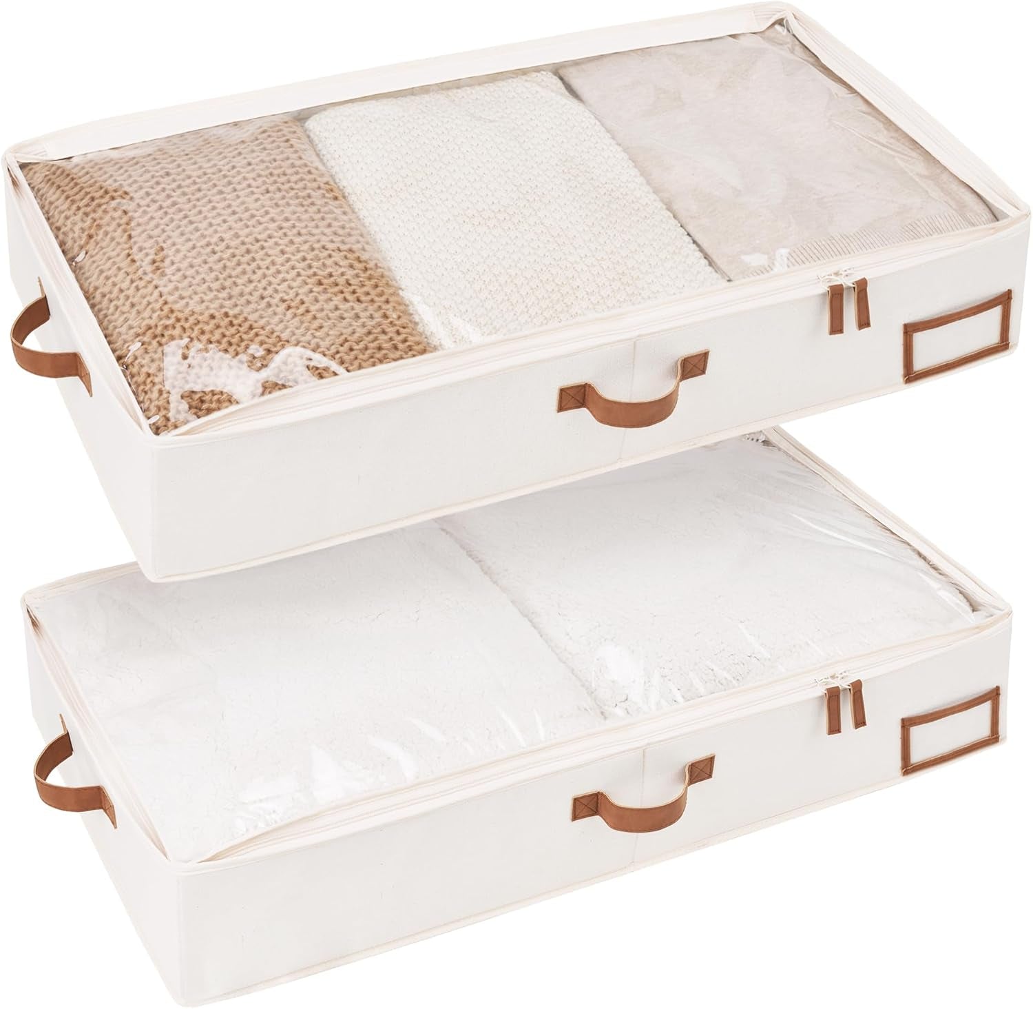 Underbed Storage Boxes with Lids, Large under Bed Storage Box Containers for Bedroom Accessories Organising Clothes Bedding, Rigid under Bed Organisers Ultra Thick, Ivory White, 2-Pack