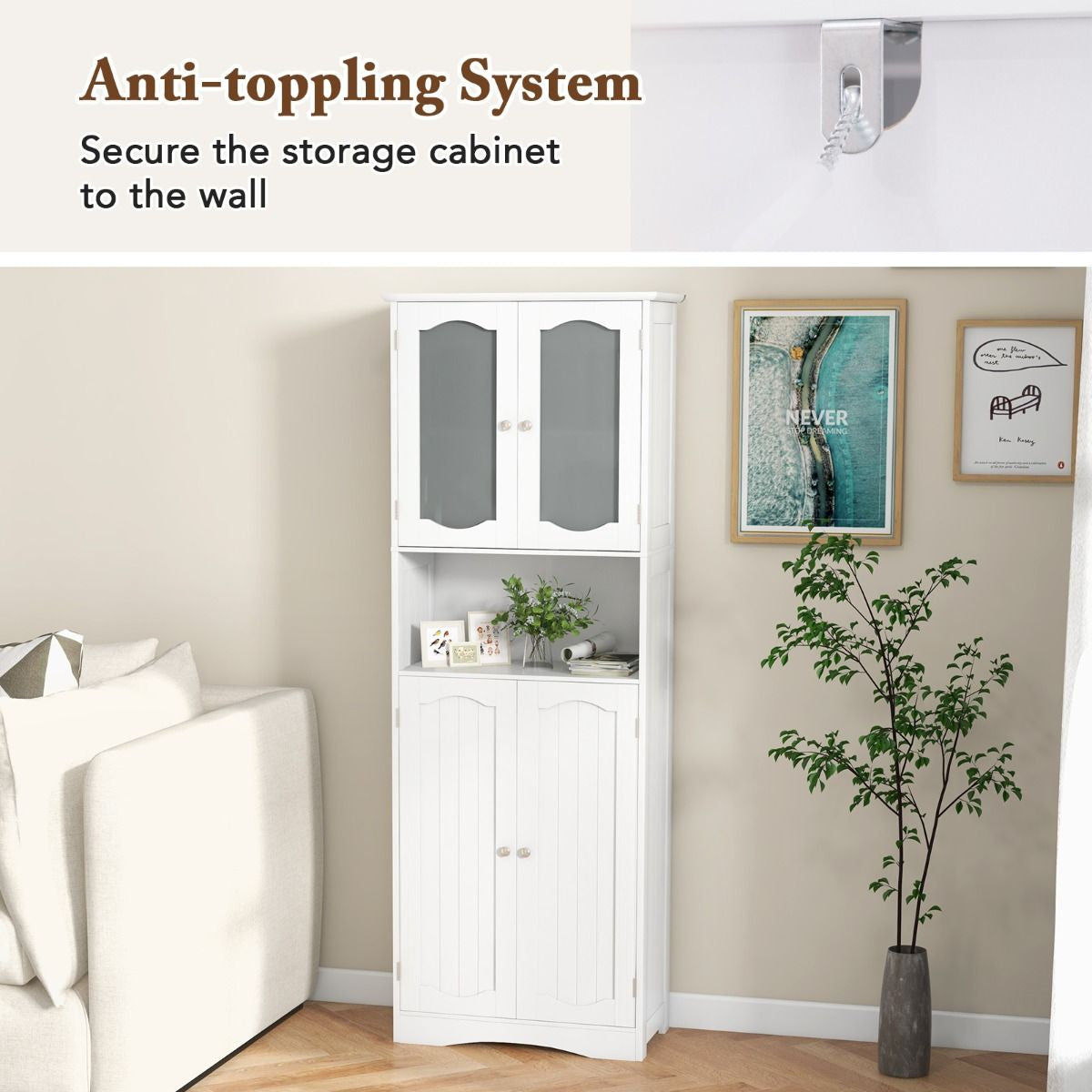 Tempered Glass Door Pantry Cabinet with 3-Position Adjustable Shelves