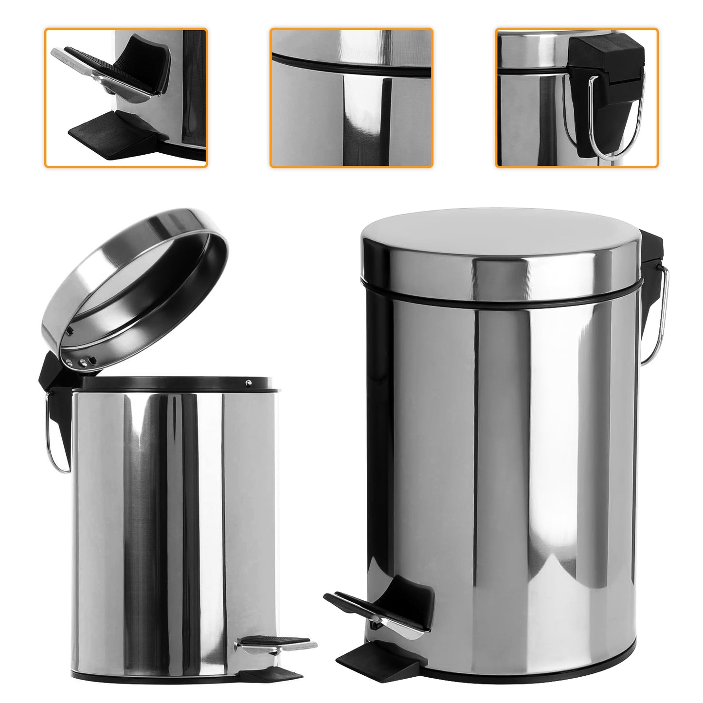 STAINLESS STEEL SILVER KITCHEN BATHROOM TOILET RUBBISH PEDAL BIN 3 5 12 20 & 30L