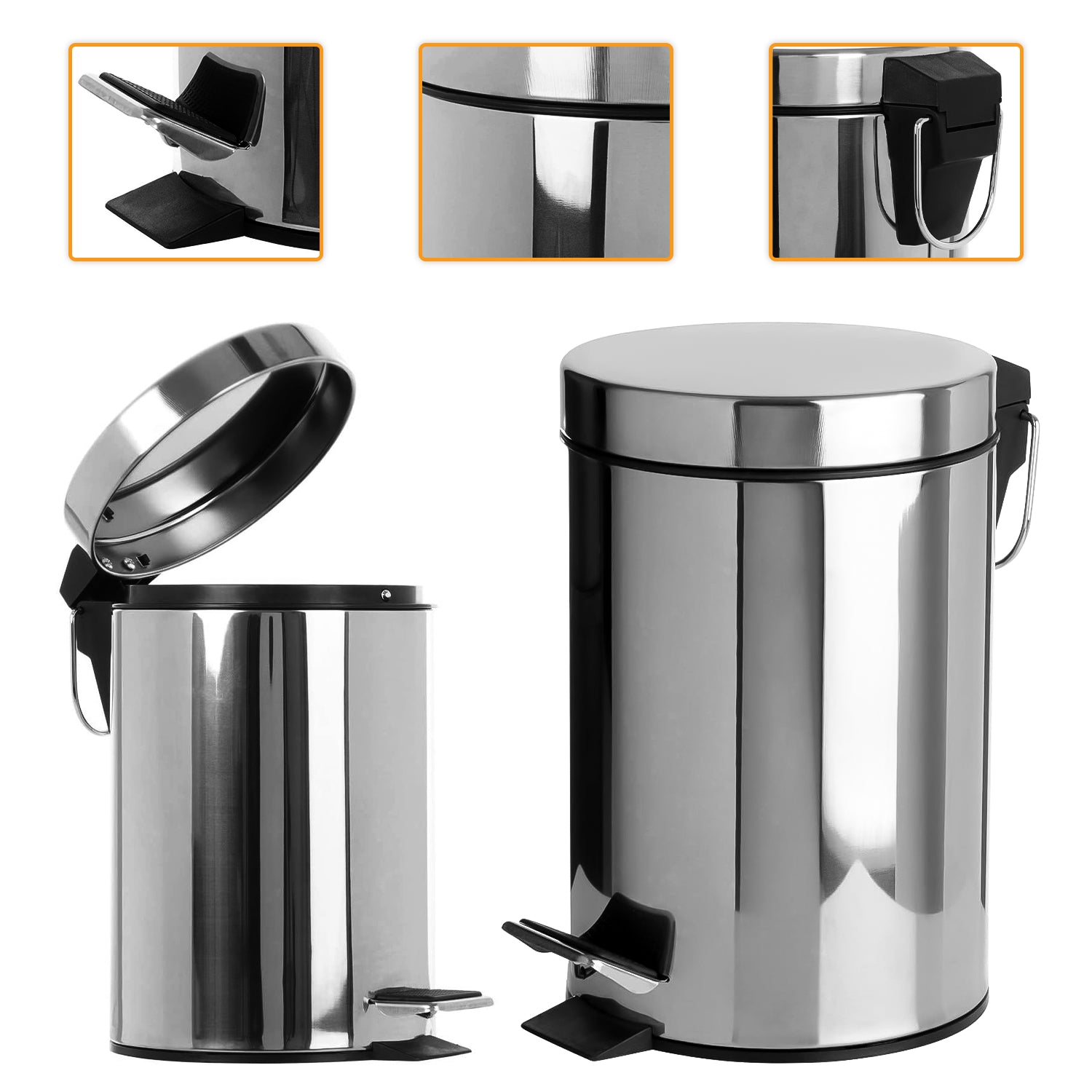 STAINLESS STEEL SILVER KITCHEN BATHROOM TOILET RUBBISH PEDAL BIN 3 5 12 20 & 30L