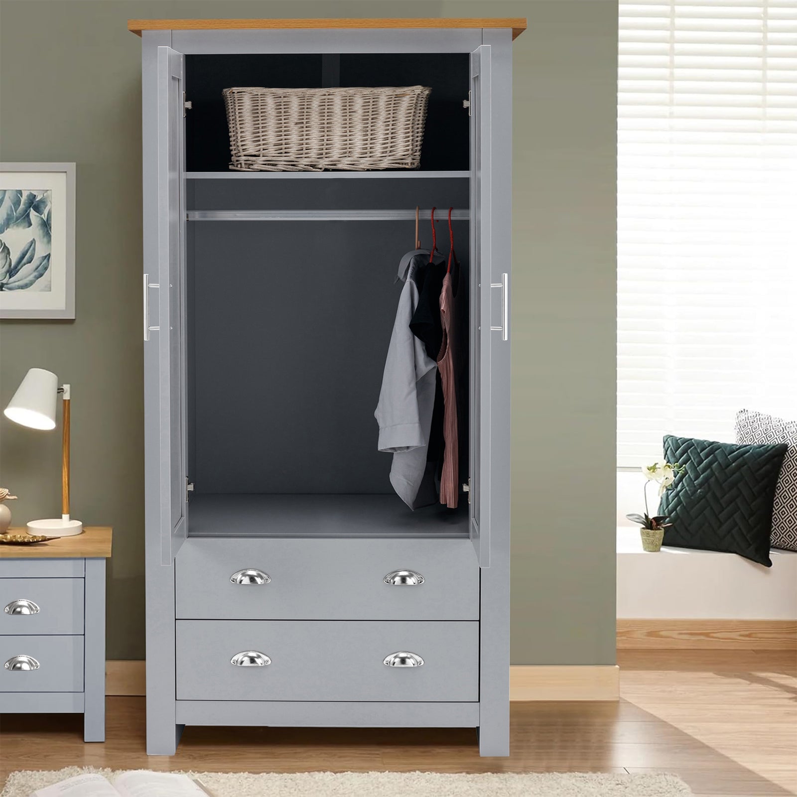 3 Door 2 Drawers Wardrobe with Shelves Storage & Hanging Rail Bedroom Furniture