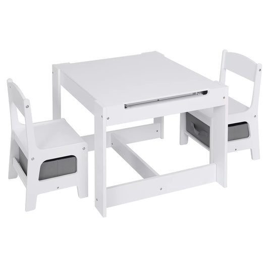 Kids Desk White Children Table 2Chairs Set with Storage Basket Reversible Tabletop Blackboard Paper Roll for Preschool