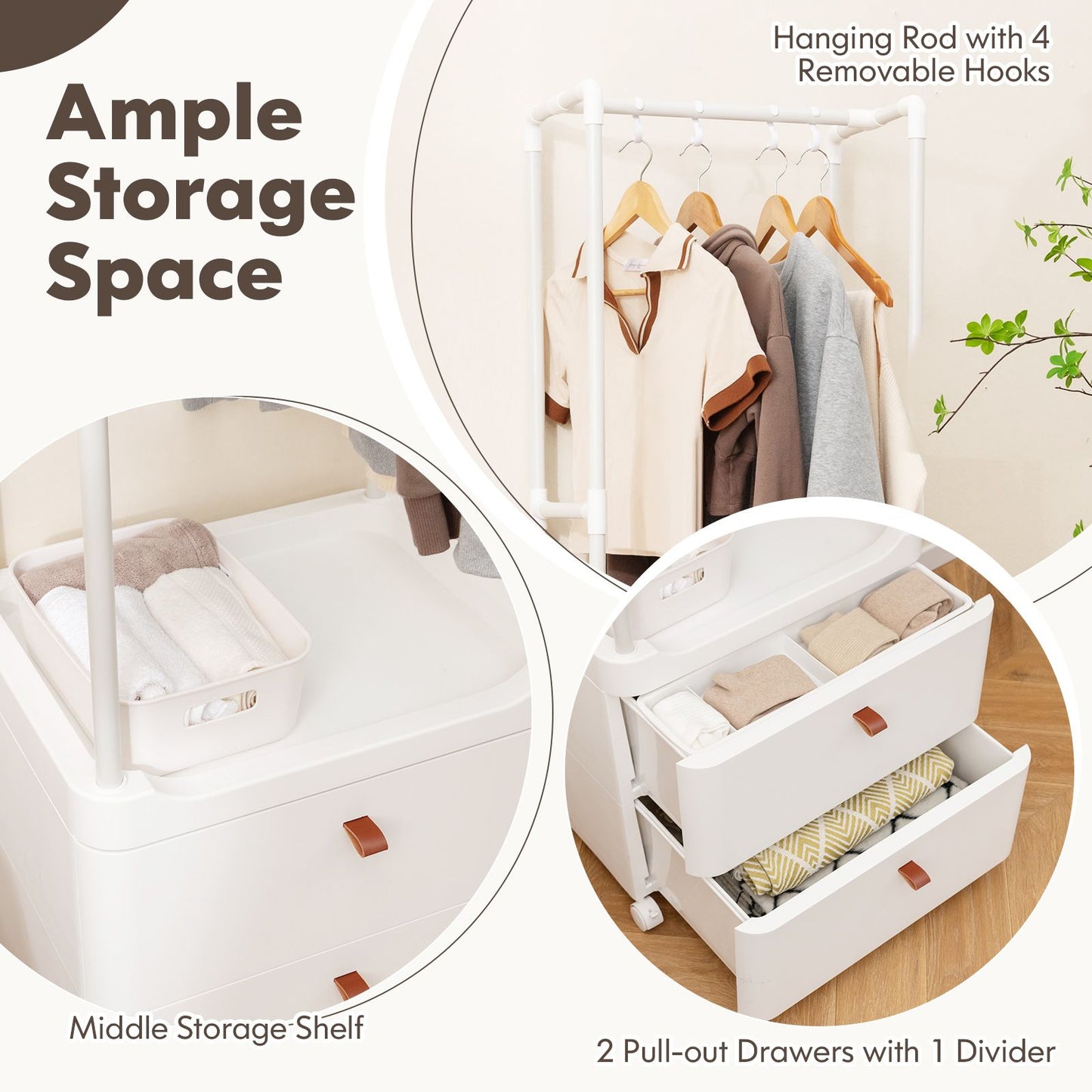 Freestanding Heavy-Duty Clothing Stand Dresser with Hanging Rod and Storage Shelves