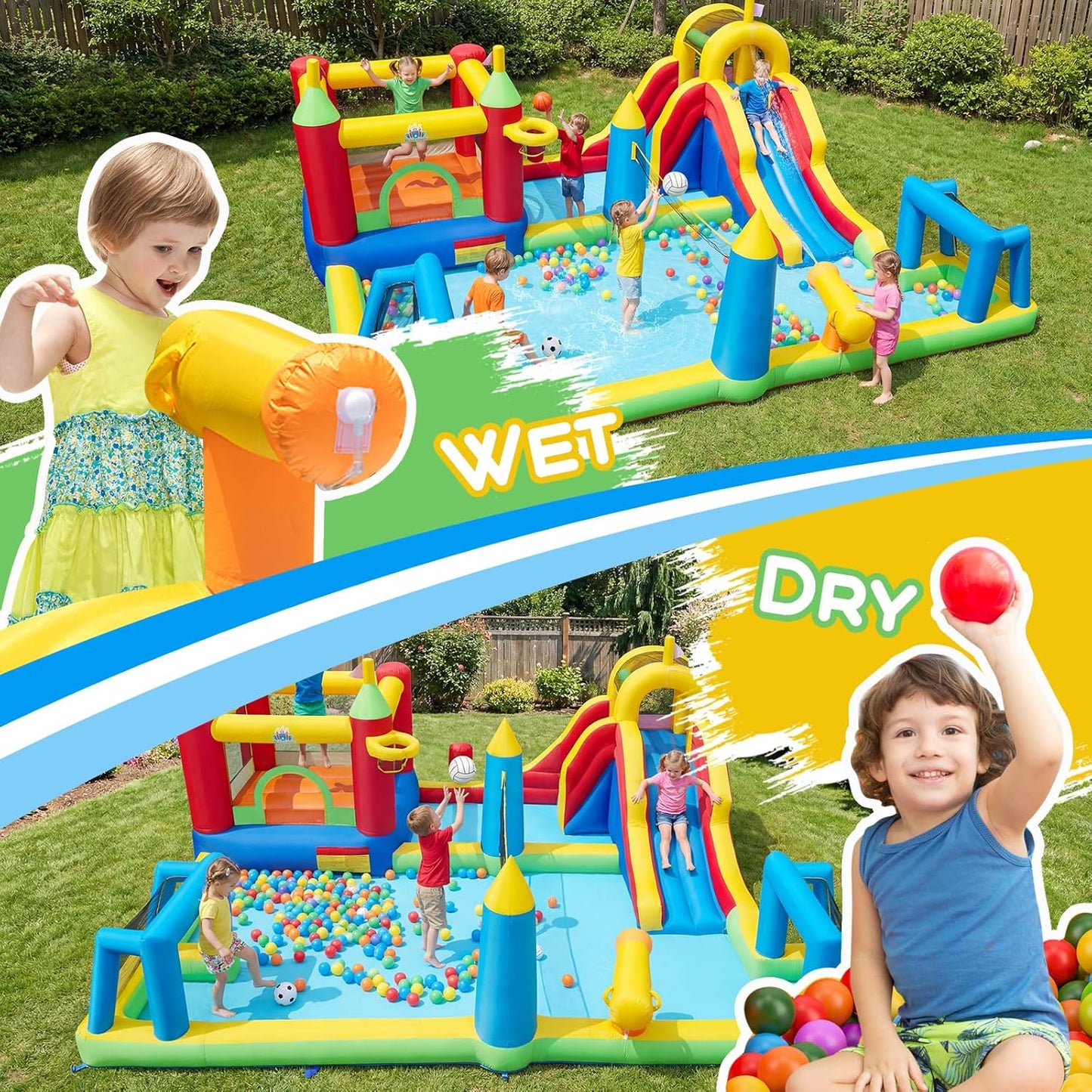 COSTWAY Inflatable Water Park, Kids Bouncy Castle with Slide, Climbing Wall, Splash Pool, Water Cannon, Volleyball Net, Football Goals & Punching Bag, Outdoor Blow up Bounce House (Without Blower)