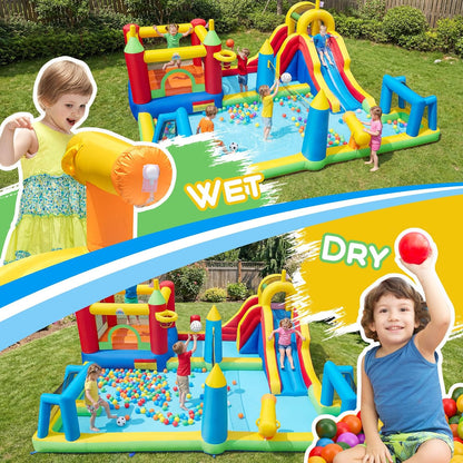 COSTWAY Inflatable Water Park, Kids Bouncy Castle with Slide, Climbing Wall, Splash Pool, Water Cannon, Volleyball Net, Football Goals & Punching Bag, Outdoor Blow up Bounce House (Without Blower)