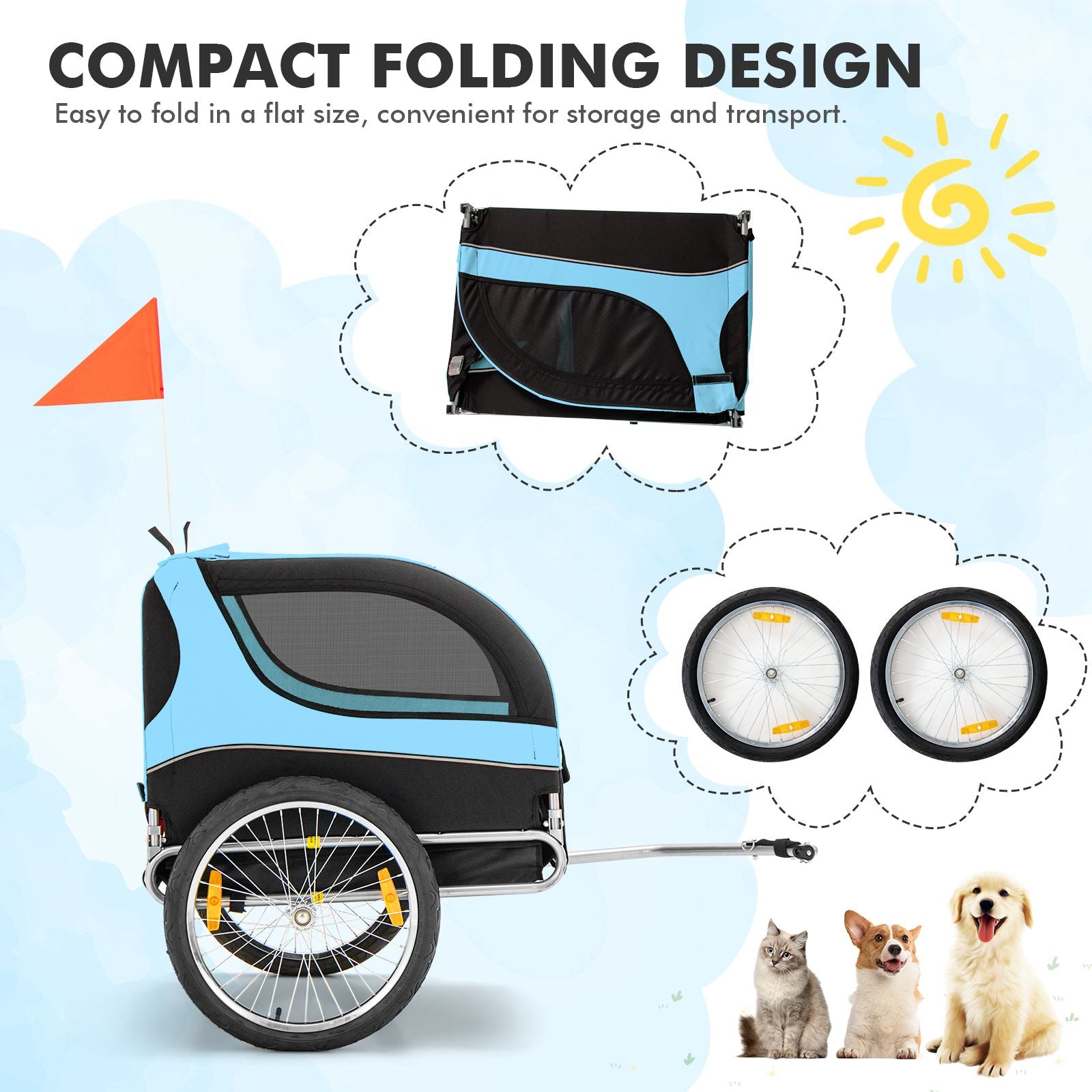 Folding Pet Bike Trailer with 3 Zippered Doors and 8 Reflectors