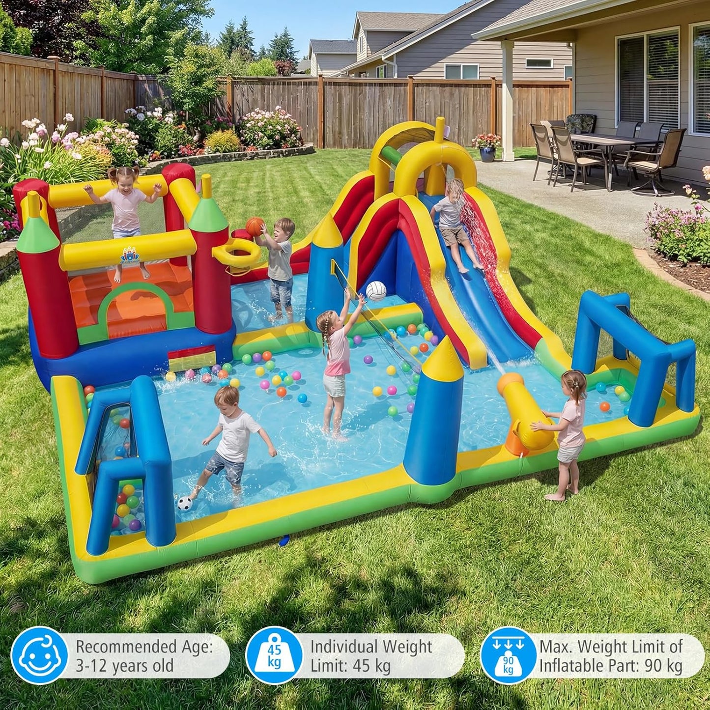 COSTWAY Inflatable Water Park, Kids Bouncy Castle with Slide, Climbing Wall, Splash Pool, Water Cannon, Volleyball Net, Football Goals & Punching Bag, Outdoor Blow up Bounce House (Without Blower)