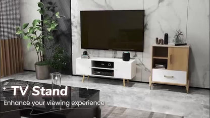 TV Stand Cabinet with Cable Management and Wood Legs Living Room, White