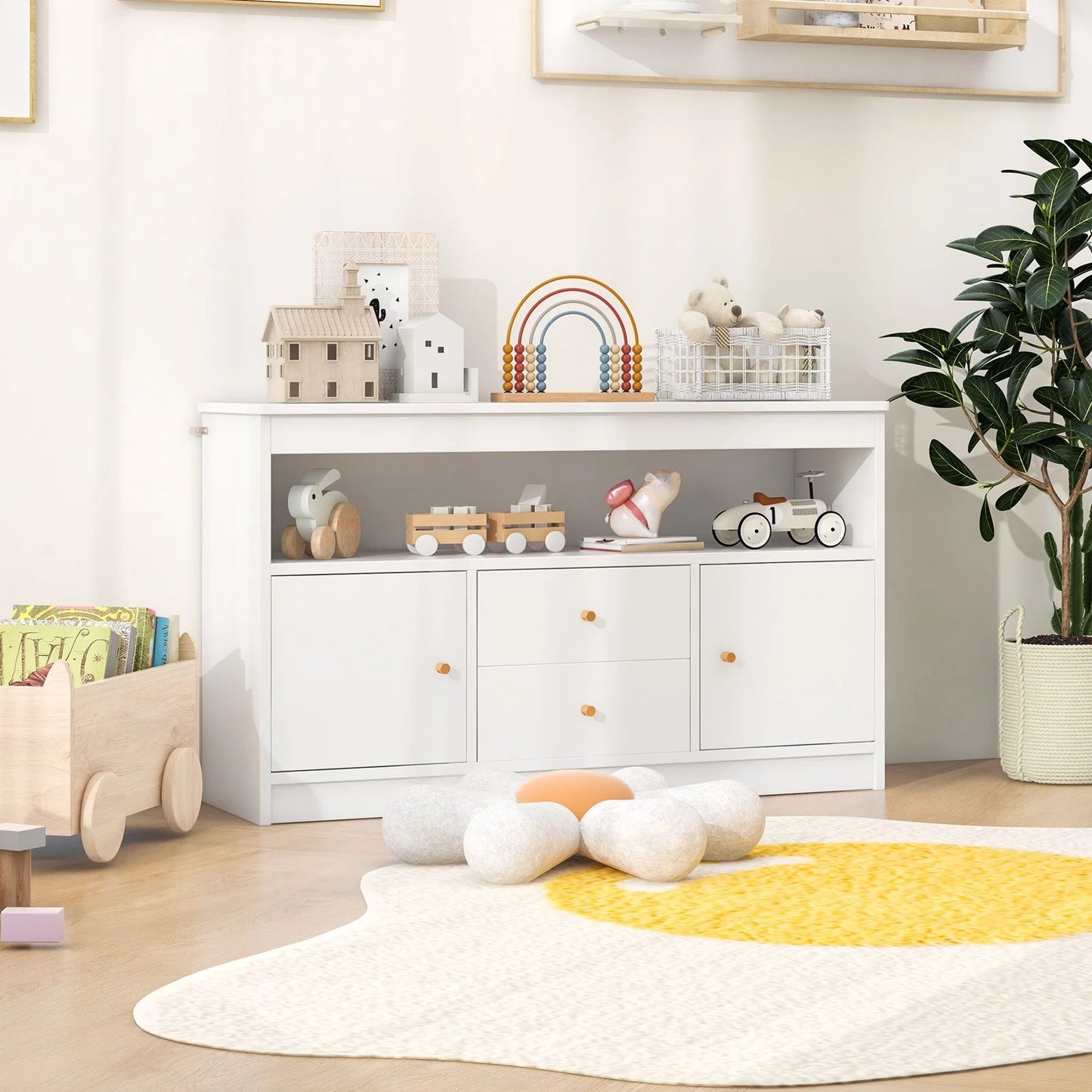 Wooden Kids Toy Children Bookshelf Storage Chest with Open Shelf