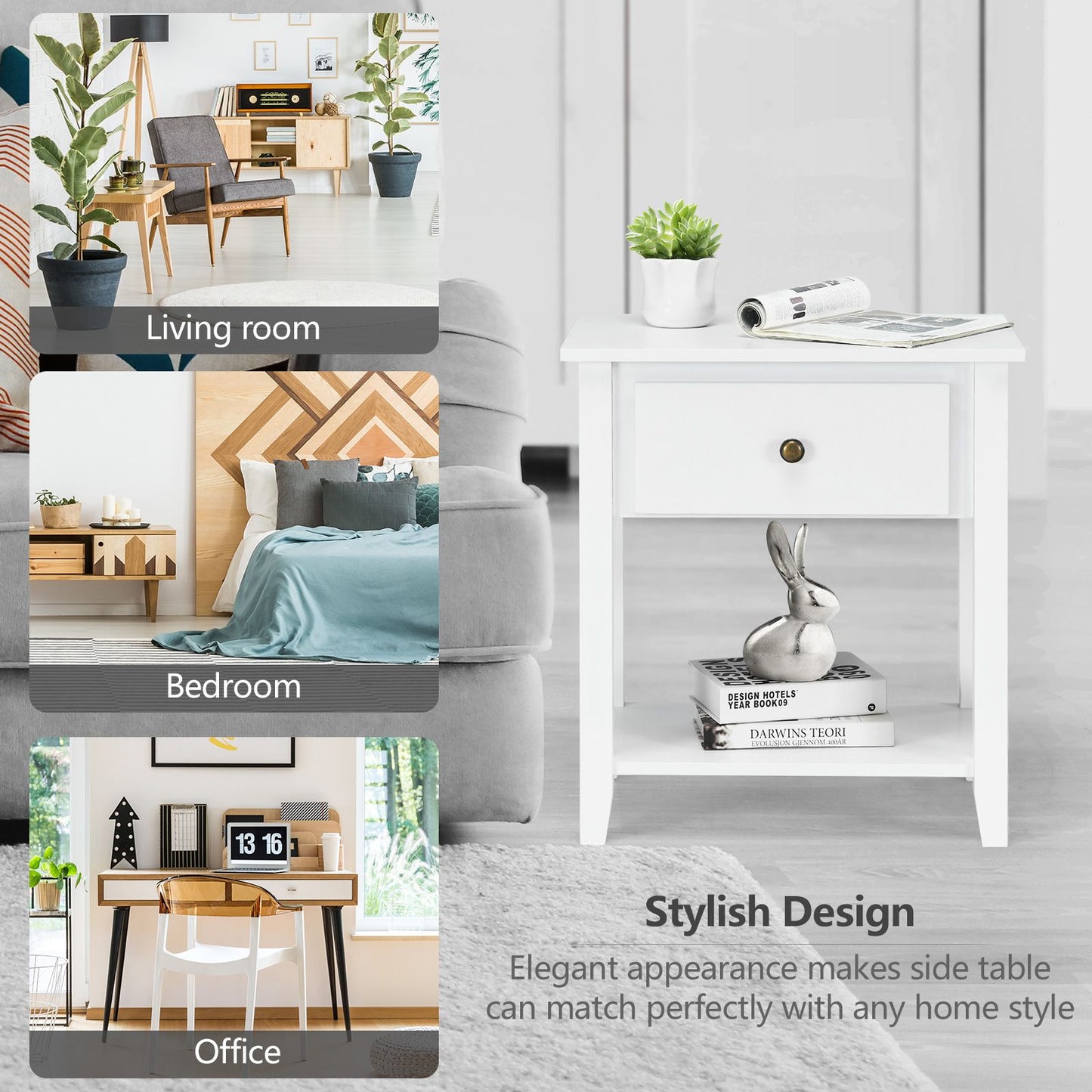 Accent Table Narrow Side End Table with 1 Drawer and Open Storage Shelf