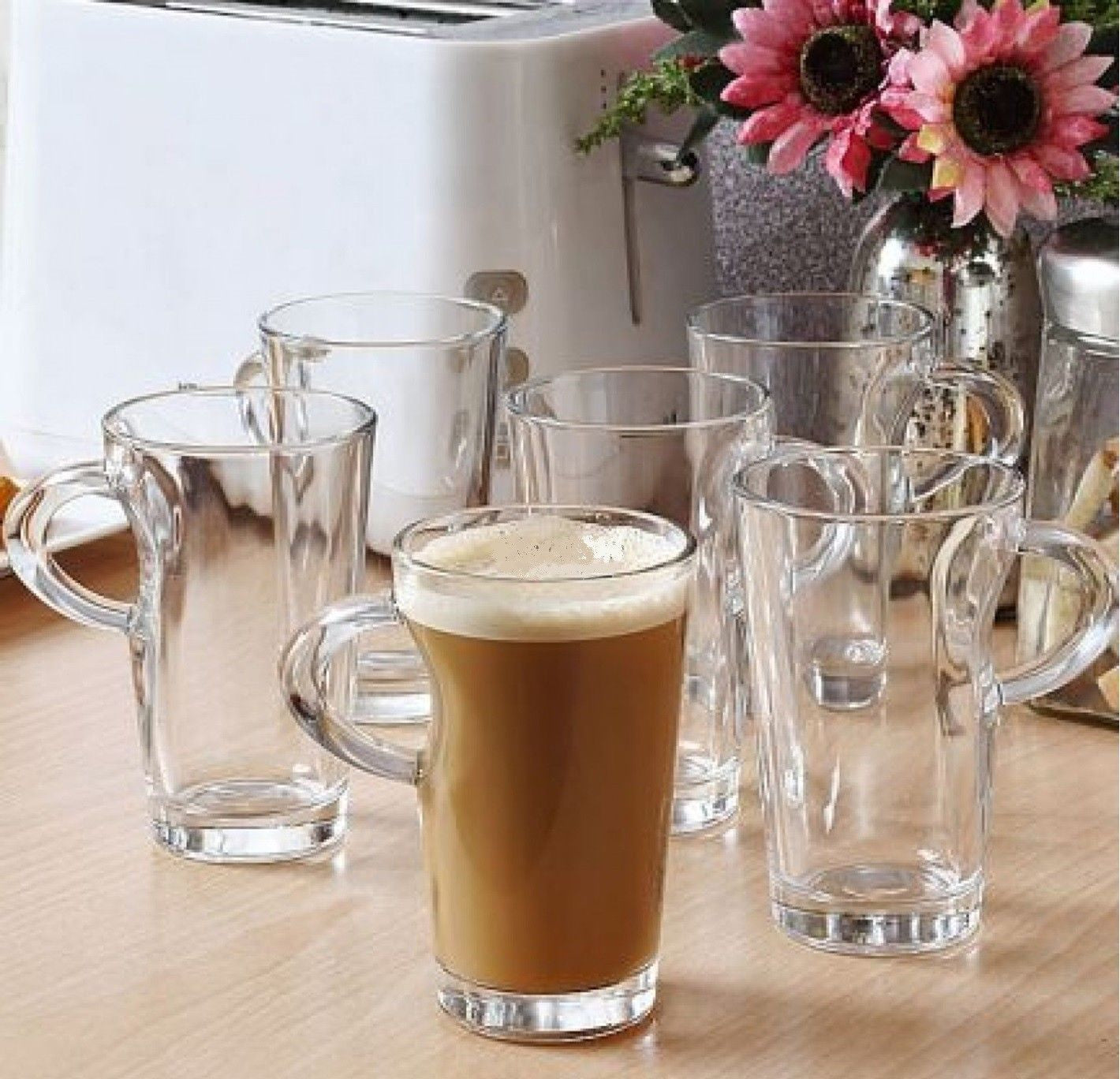 6X Elba Coffee Tall Clear Glass Mug 250Ml Cappuccino Tea Latte Mugs Cup Cups