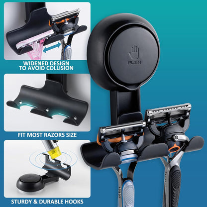 Razor Holder for Shower with Suction Cup,Vacuum Shower Hooks Reusable Bathroom Suction Razor Holder Bathroom Wall Hooks for Towels Robes Multipurpose Hanging 2 Packs, Black