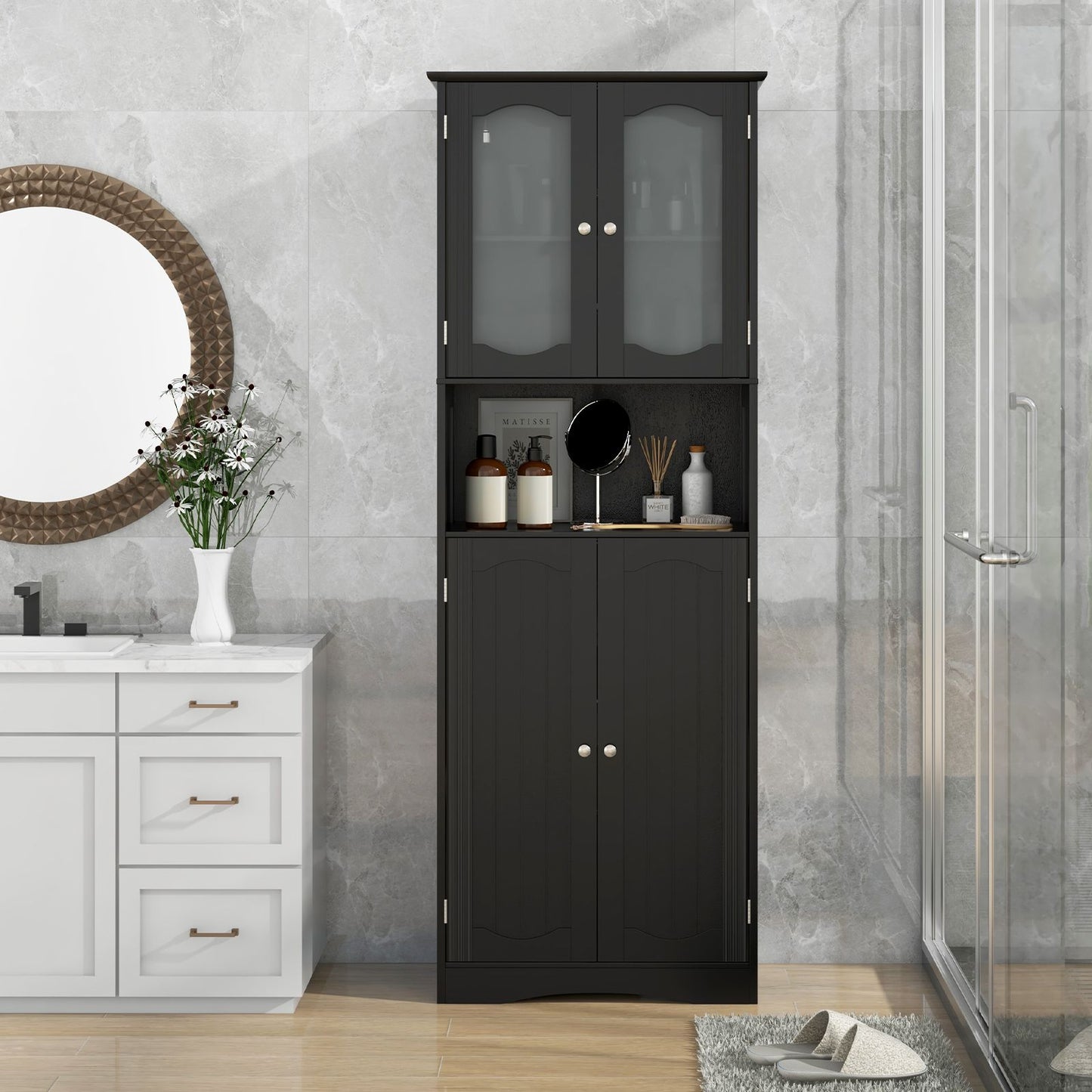 Tempered Glass Door Pantry Cabinet with 3-Position Adjustable Shelves