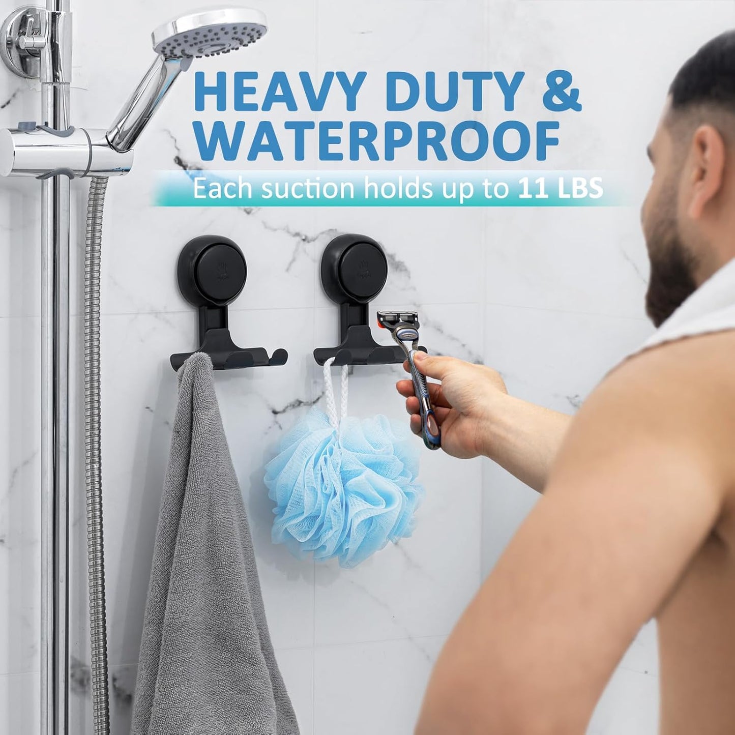 Razor Holder for Shower with Suction Cup,Vacuum Shower Hooks Reusable Bathroom Suction Razor Holder Bathroom Wall Hooks for Towels Robes Multipurpose Hanging 2 Packs, Black