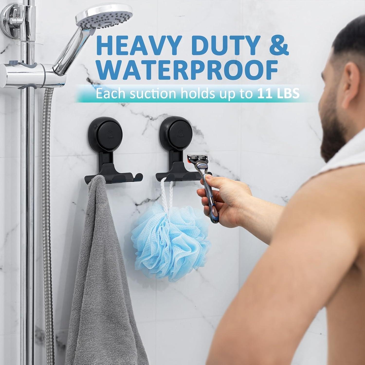 Razor Holder for Shower with Suction Cup,Vacuum Shower Hooks Reusable Bathroom Suction Razor Holder Bathroom Wall Hooks for Towels Robes Multipurpose Hanging 2 Packs, Black