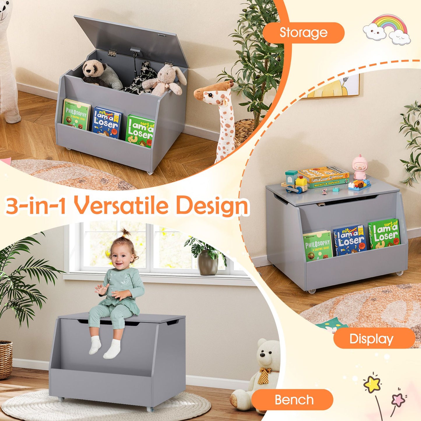 Mobile Toy Storage Organizer with Bookshelf and Wheels for Playroom Bedroom