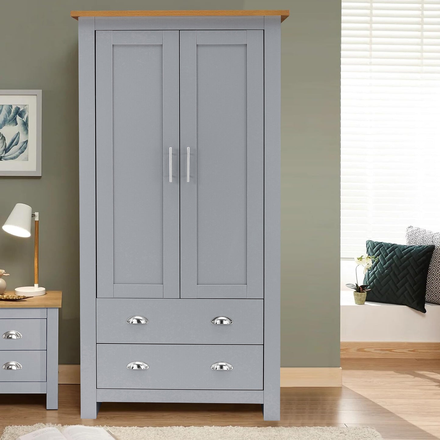 3 Door 2 Drawers Wardrobe with Shelves Storage & Hanging Rail Bedroom Furniture
