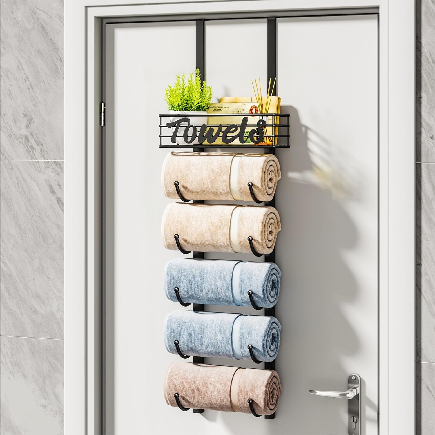 over Door Towel Rack - Towel Storage Rack Wall Mounted with Metal Shelf Basket, 6-Tier over Door Towel Rail & Bathroom Storage Organiser Towel Holder for Small Bathroom, Camper, Rv