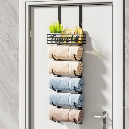 over Door Towel Rack - Towel Storage Rack Wall Mounted with Metal Shelf Basket, 6-Tier over Door Towel Rail & Bathroom Storage Organiser Towel Holder for Small Bathroom, Camper, Rv