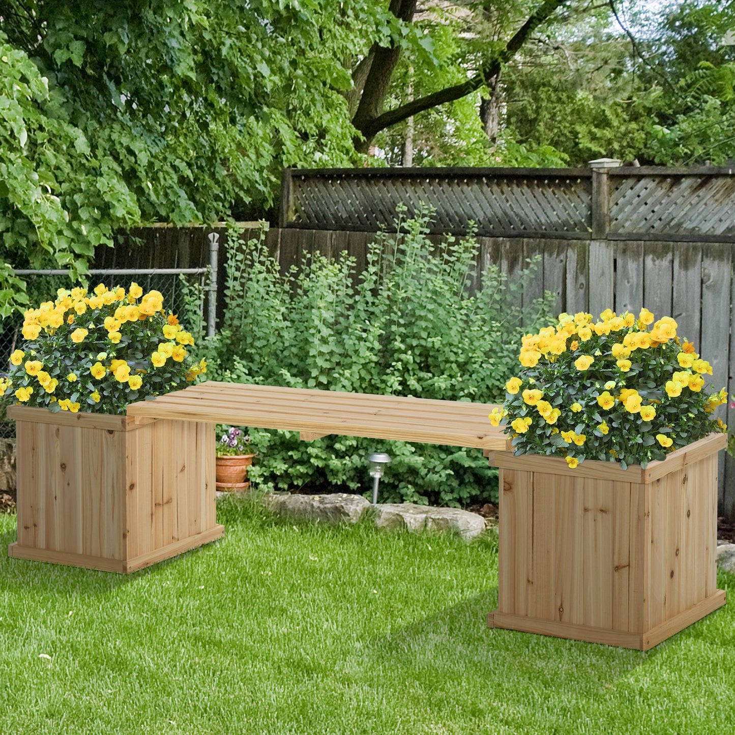 Outsunny Wooden Garden Planter & Bench Combination Garden Raised Bed Natural