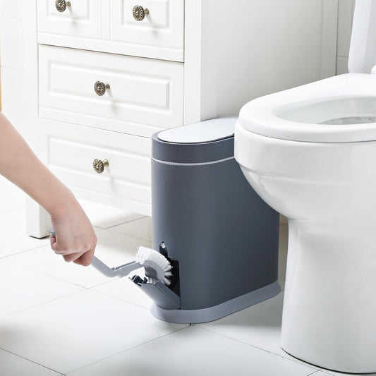 Bathroom Slim Plastic Trash Can with Toilet Brush 2.5 Gallon Double Barrel Waste Basket,Rectangular Press Garbage Container Bin for Bathroom(Grey)