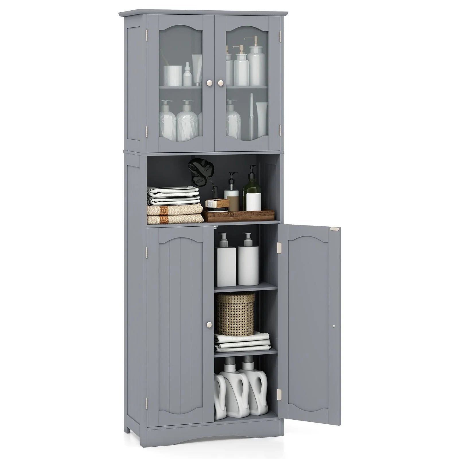 Tempered Glass Door Pantry Cabinet with 3-Position Adjustable Shelves