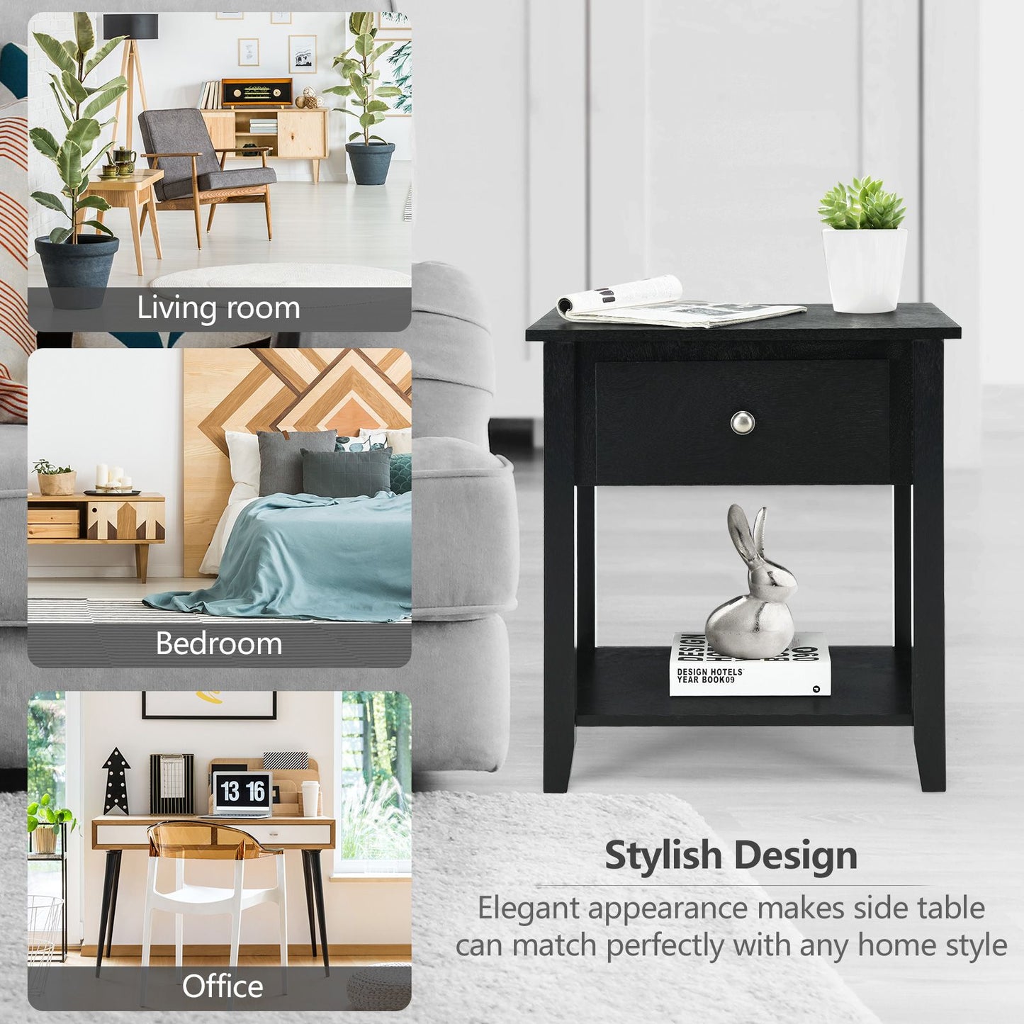 Accent Table Narrow Side End Table with 1 Drawer and Open Storage Shelf