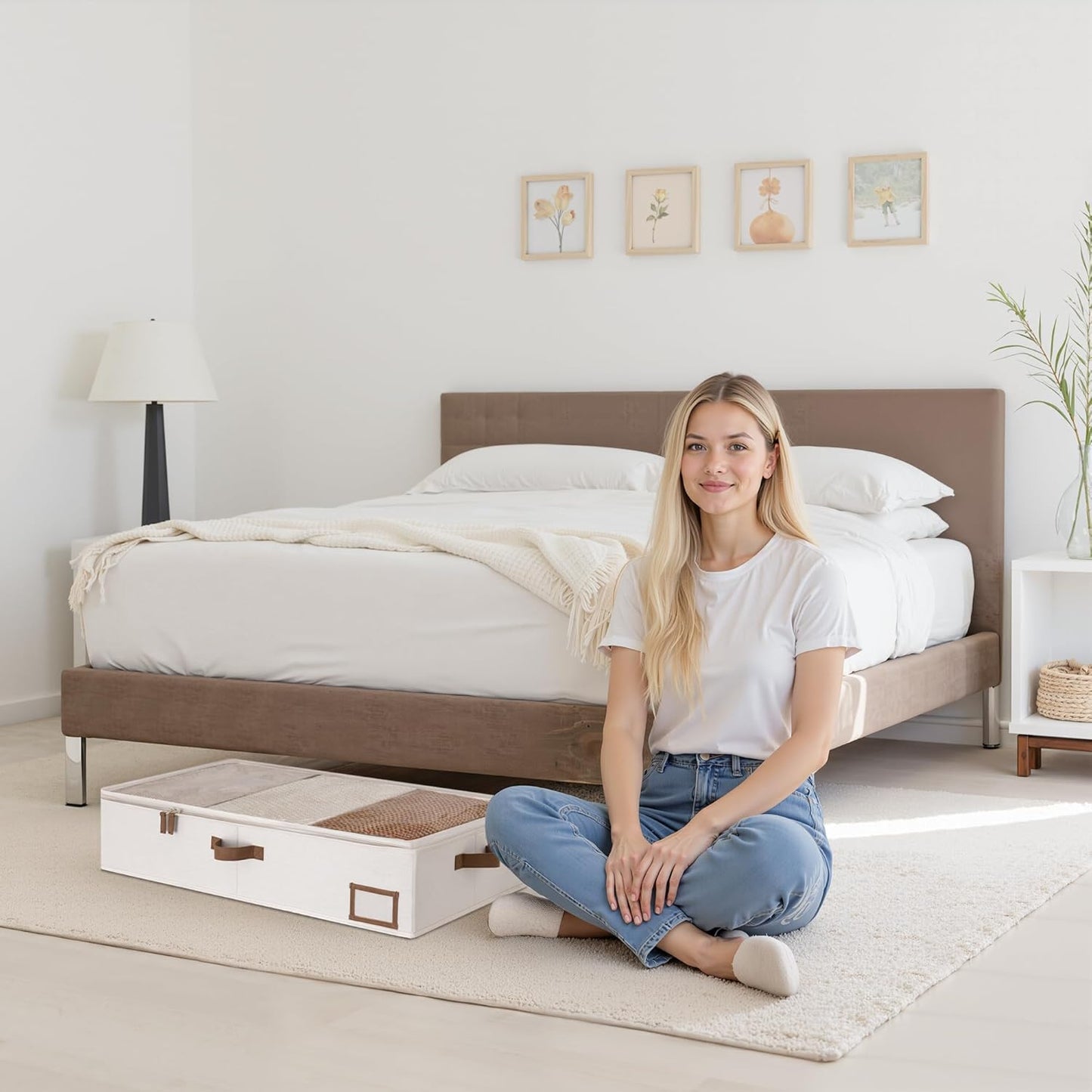 Underbed Storage Boxes with Lids, Large under Bed Storage Box Containers for Bedroom Accessories Organising Clothes Bedding, Rigid under Bed Organisers Ultra Thick, Ivory White, 2-Pack