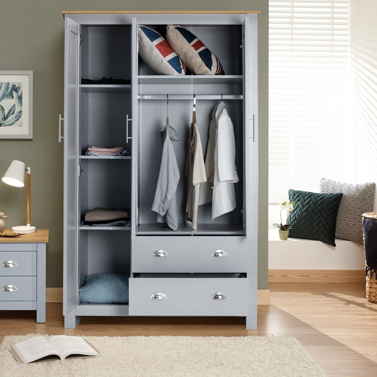 3 Door 2 Drawers Wardrobe with Shelves Storage & Hanging Rail Bedroom Furniture