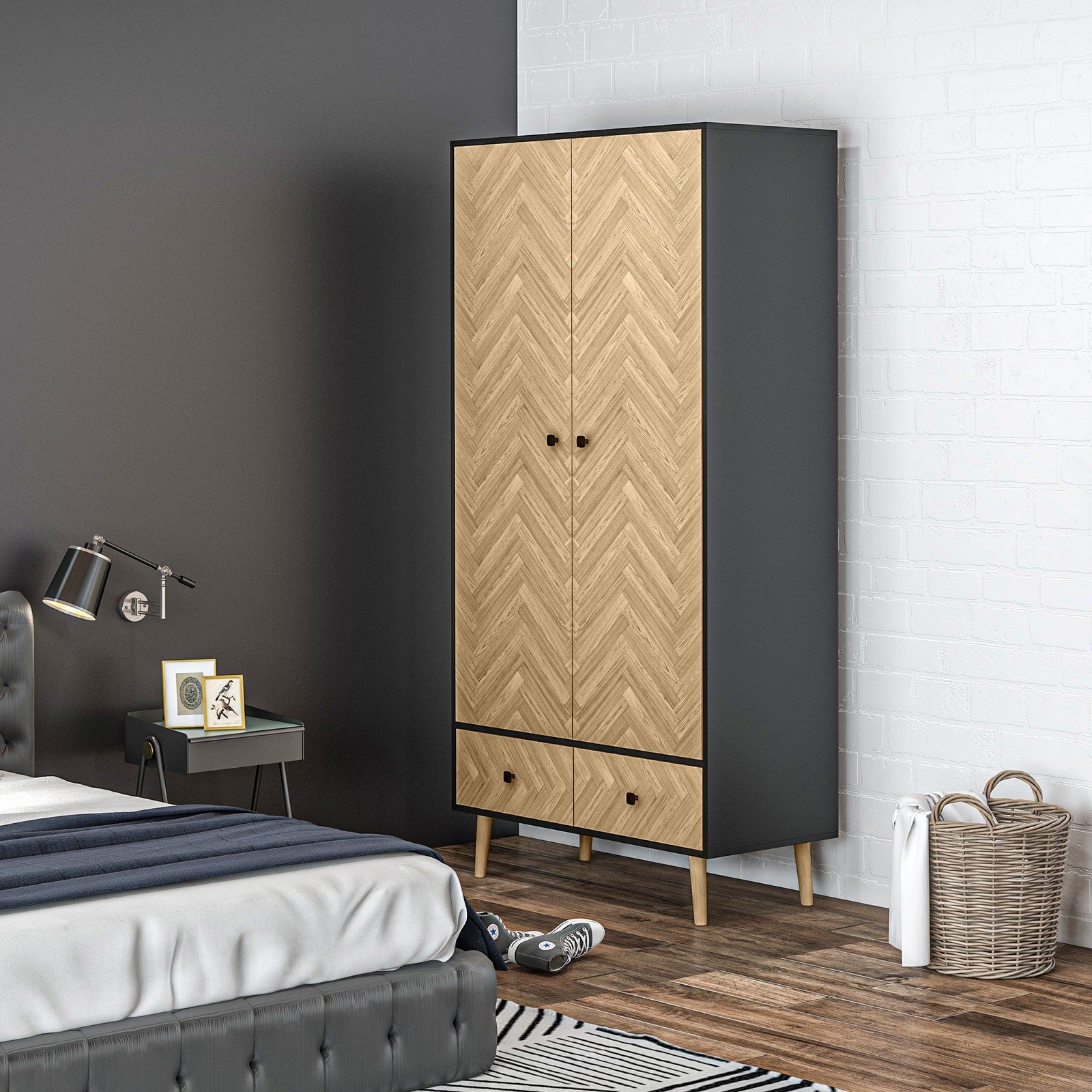 Modern Wardrobe Cabinet with Shelf, Hanging Rod and 2 Drawers 90X50X190Cm