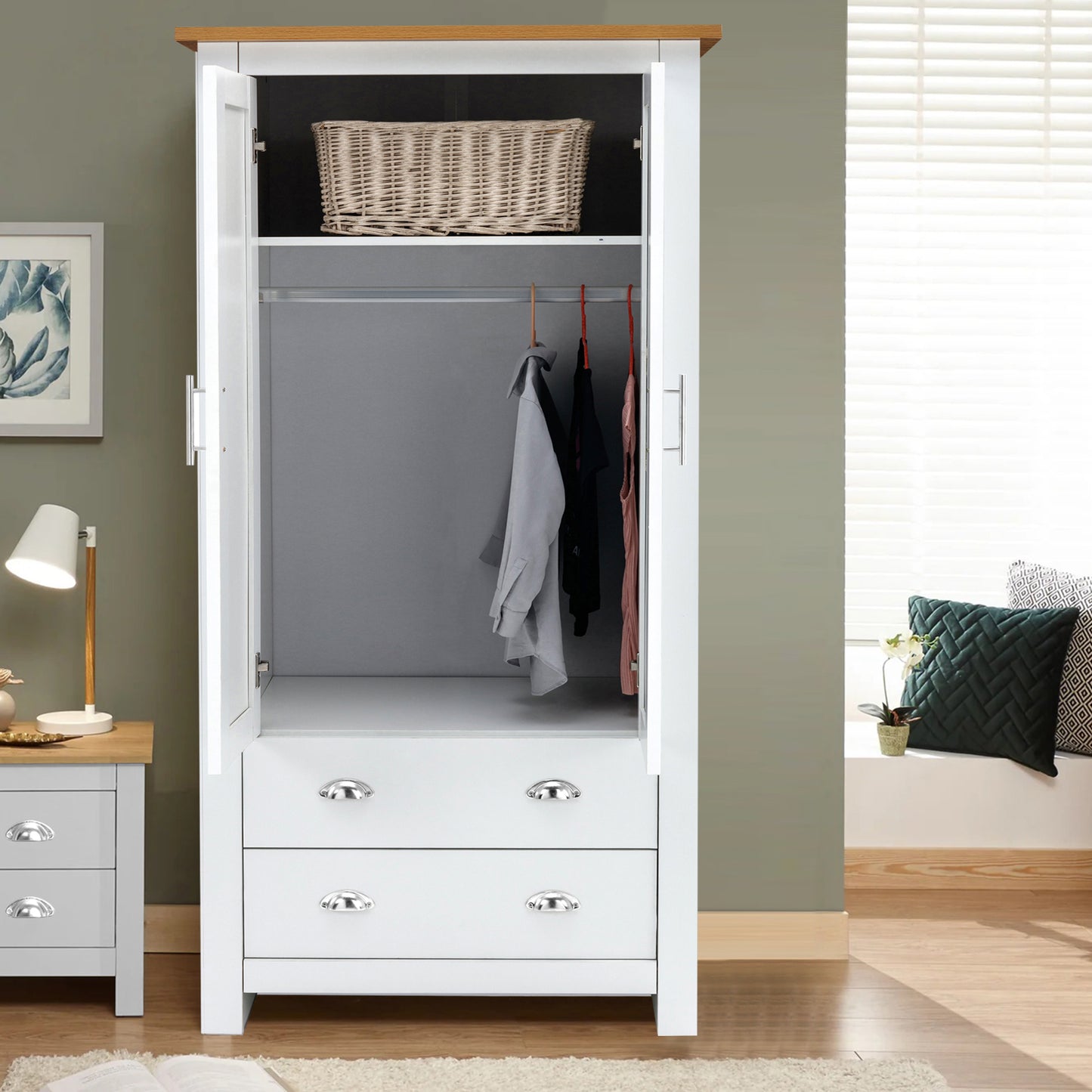 3 Door 2 Drawers Wardrobe with Shelves Storage & Hanging Rail Bedroom Furniture