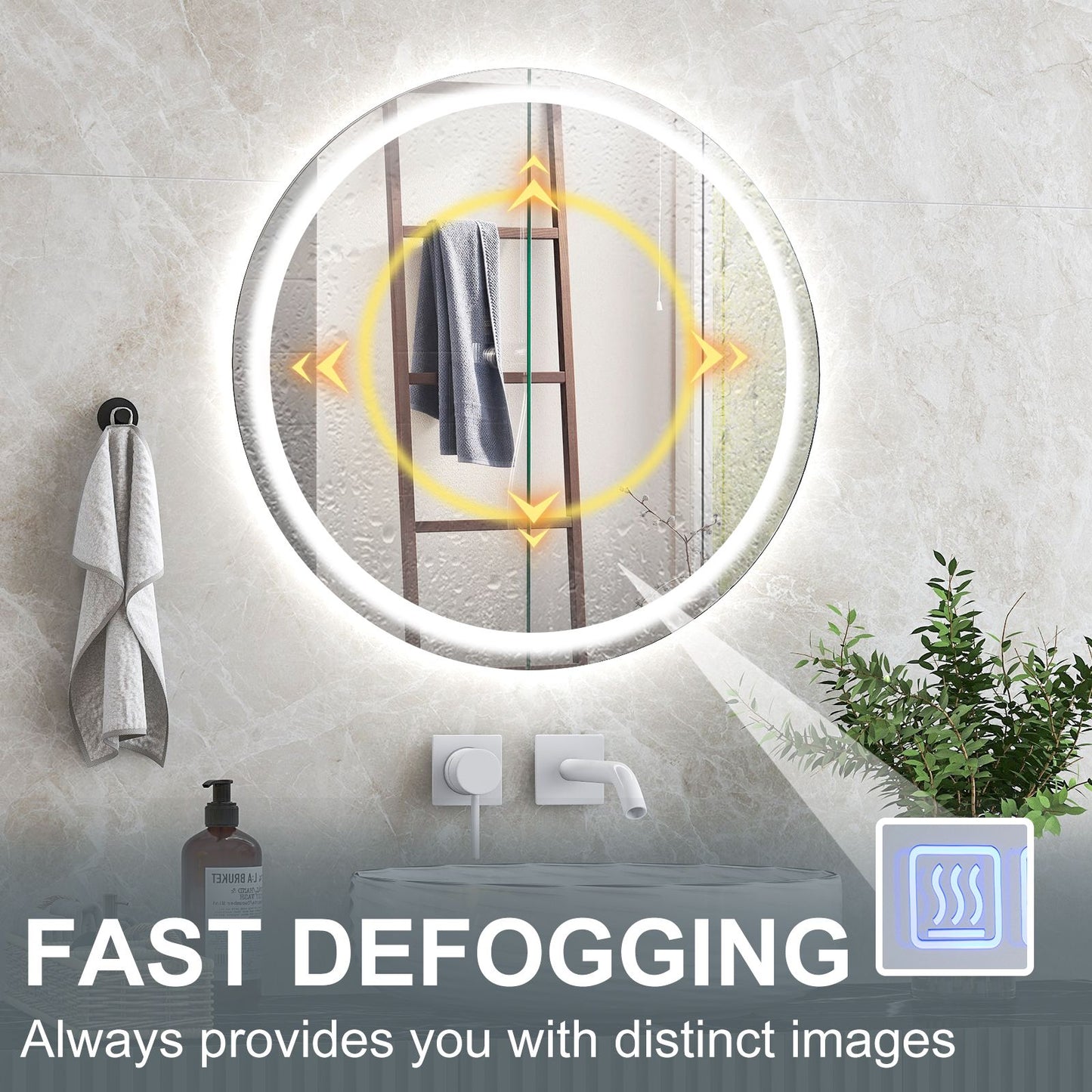 LED Bathroom Mirror with 3-Color Dimmable Lights, Time and Temp Display