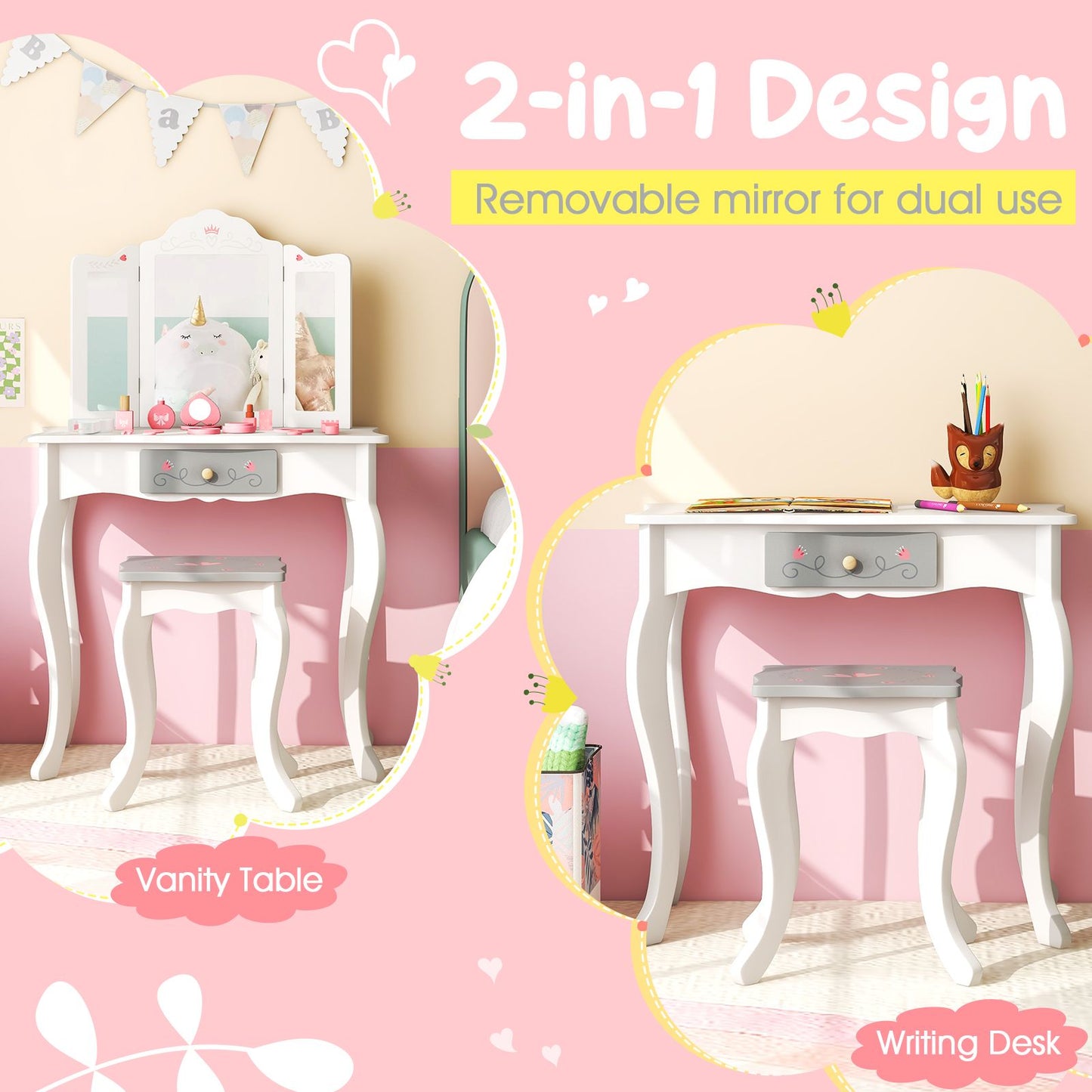 Kids Vanity Table and Stool with Detachable Tri-Fold Mirror and Cute Accessories