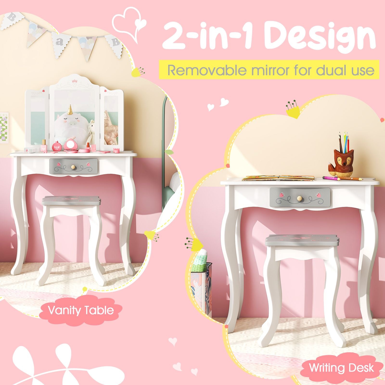 Kids Vanity Table and Stool with Detachable Tri-Fold Mirror and Cute Accessories