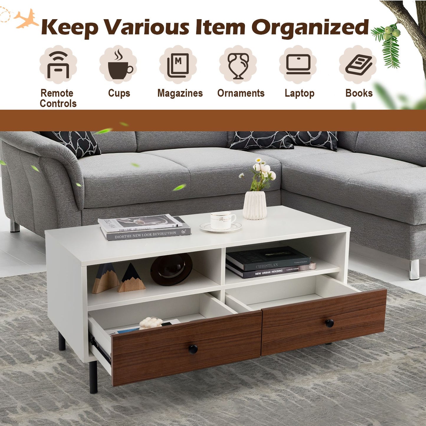 Rectangle Sofa Tea Table with Sturdy Metal Legs for Home Office
