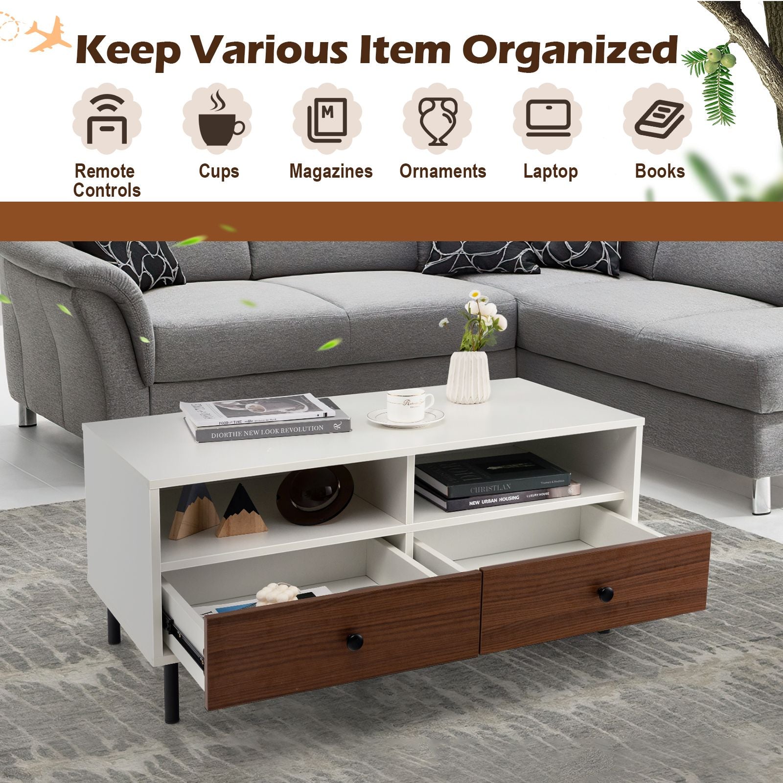 Rectangle Sofa Tea Table with Sturdy Metal Legs for Home Office