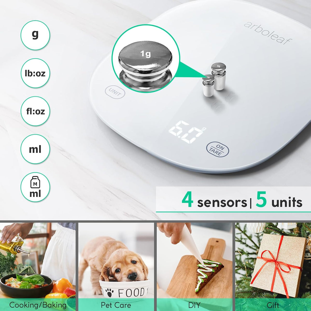 Digital Kitchen Scales, Weighing Scales Kitchen, Scales Kitchen with Nutrition Calculator, Smart Kitchen Scales with Tare Function, USB Rechargeable, 10Kg/22Lb, White