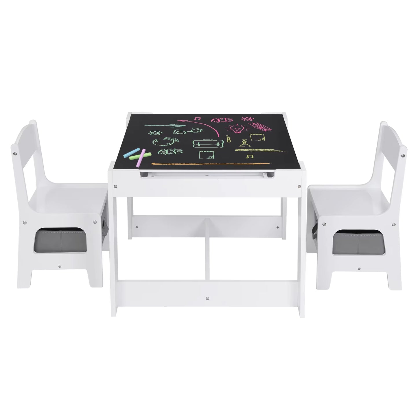 Kids Desk White Children Table 2Chairs Set with Storage Basket Reversible Tabletop Blackboard Paper Roll for Preschool
