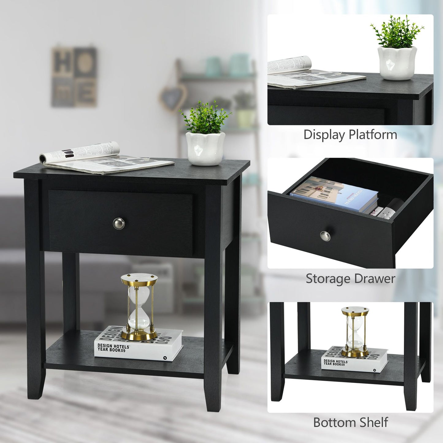Accent Table Narrow Side End Table with 1 Drawer and Open Storage Shelf