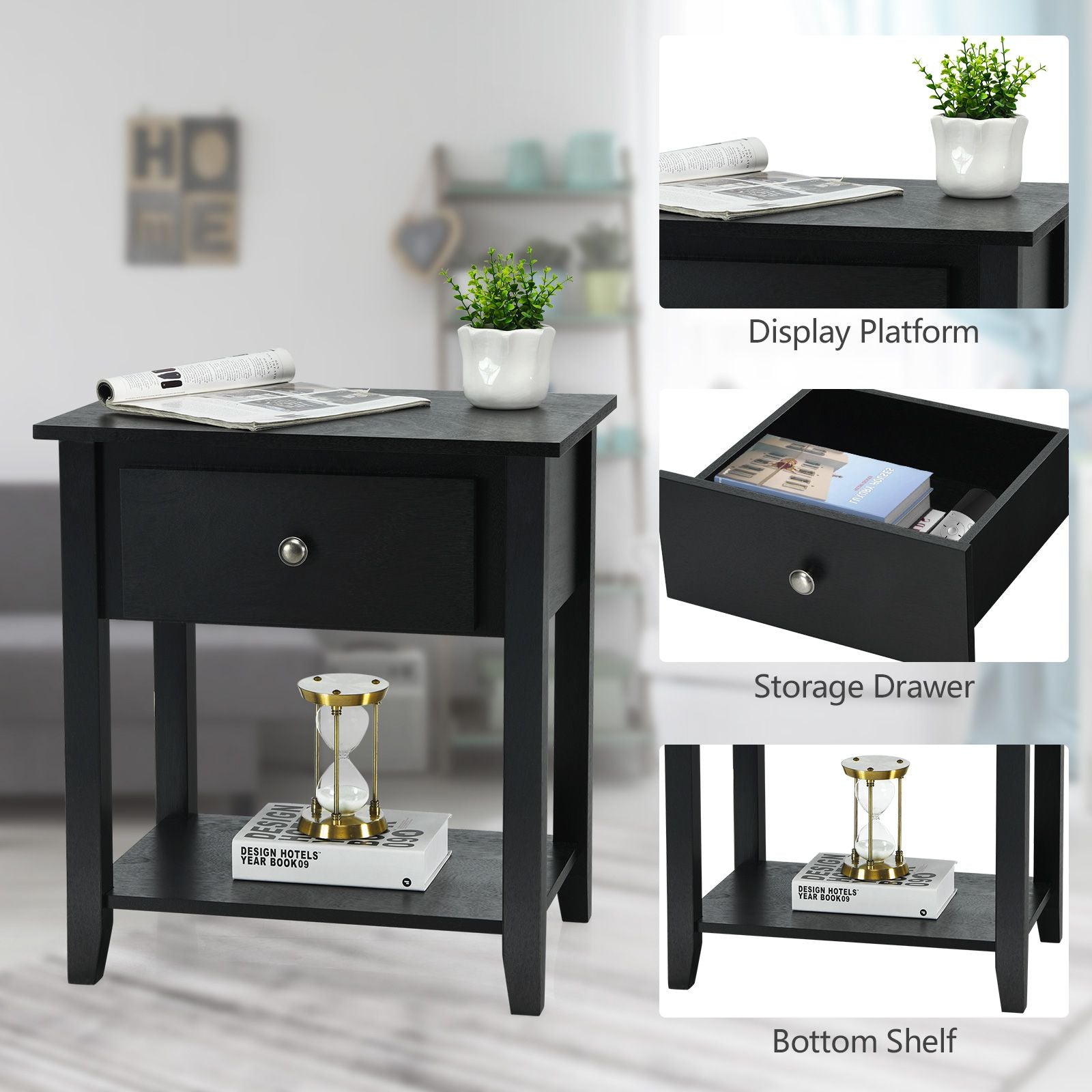 Accent Table Narrow Side End Table with 1 Drawer and Open Storage Shelf