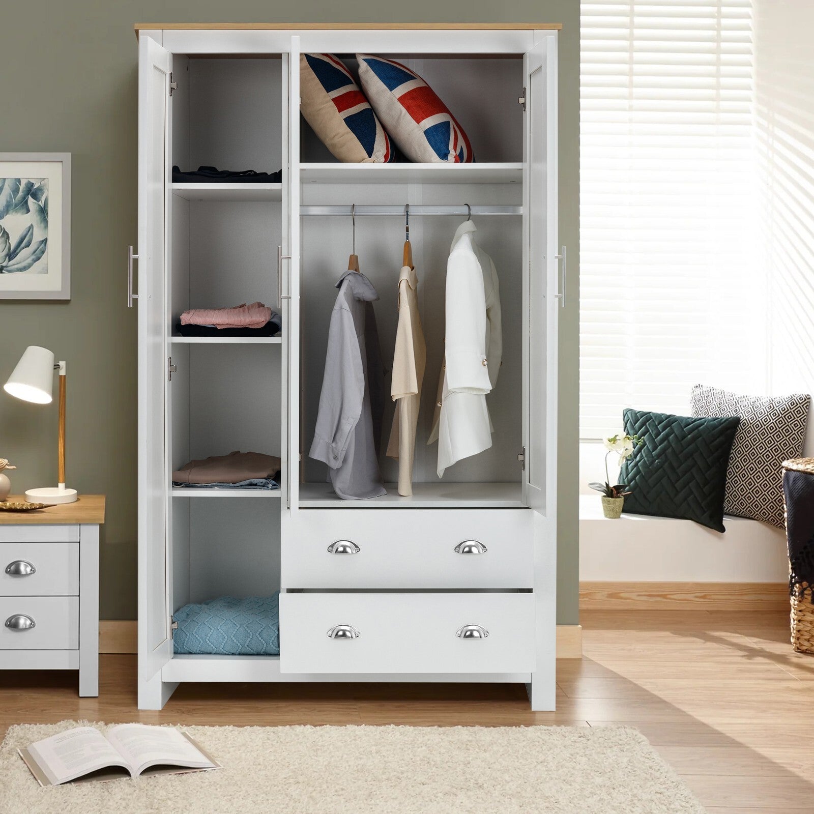3 Door 2 Drawers Wardrobe with Shelves Storage & Hanging Rail Bedroom Furniture