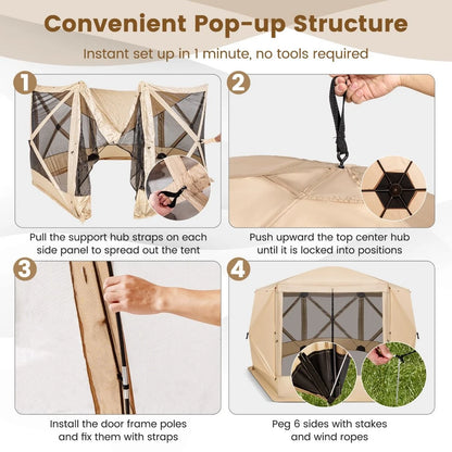 6-Sided Camping Gazebo Instant Setup Hub Tent with Portable Carrying Bag
