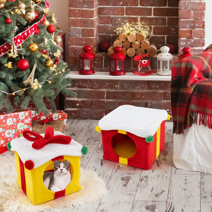 Indoor 2-Storey Cute Christmas Cat House with Bow
