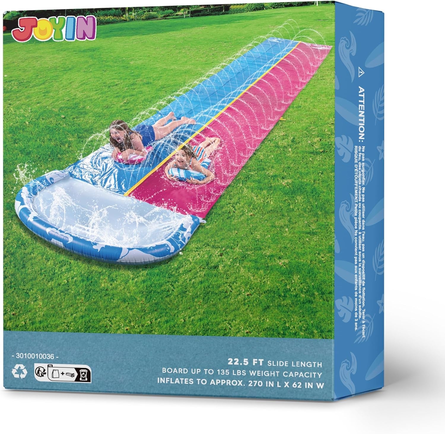 JOYIN 22.5Ft/685.8Cm Water Slides and 2 Bodyboards, Lawn Water Slide Summer Slip Waterslides Water Toy with Build in Sprinkler for Backyard Outdoor Water Fun for Kids,Blue,Pink