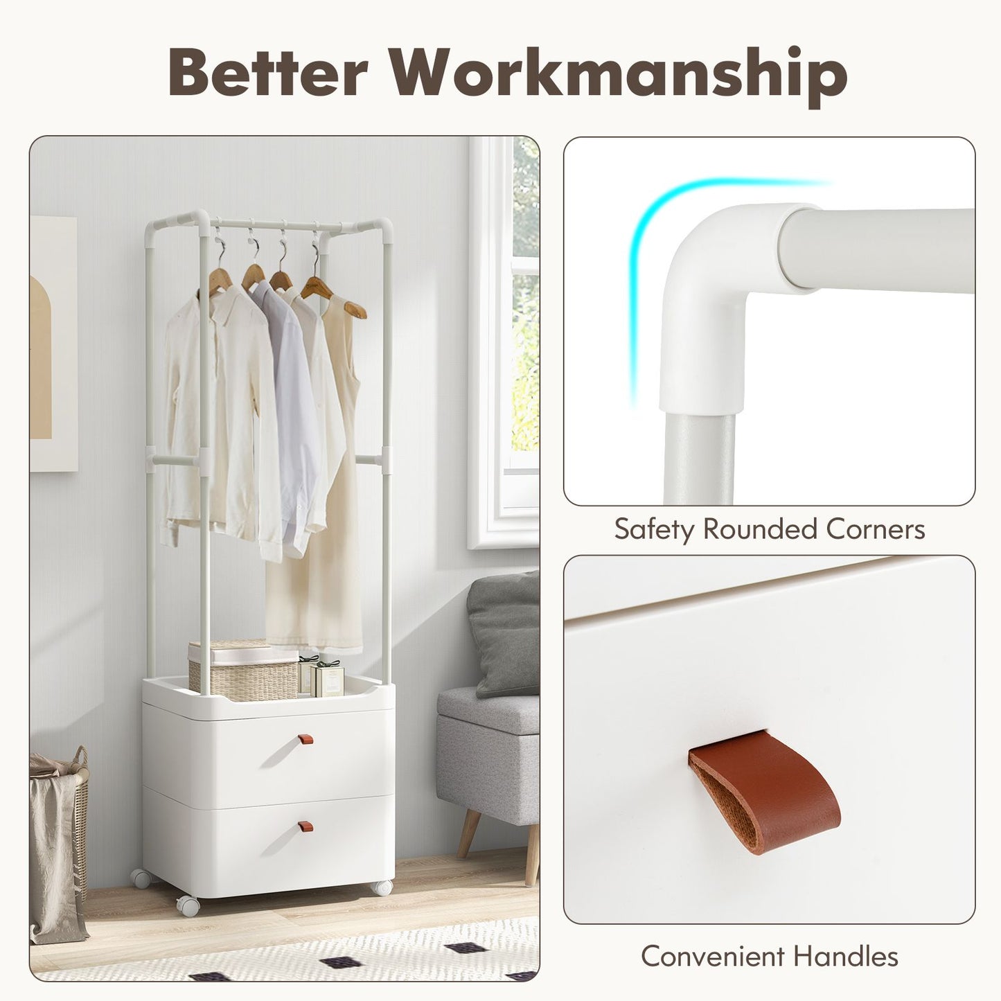 Freestanding Heavy-Duty Clothing Stand Dresser with Hanging Rod and Storage Shelves