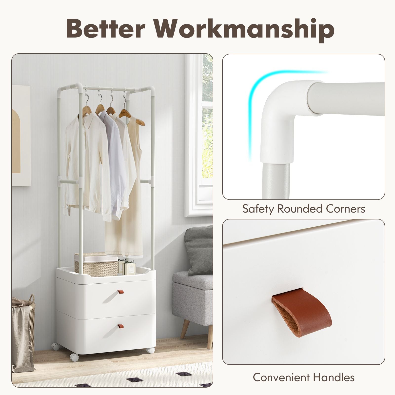 Freestanding Heavy-Duty Clothing Stand Dresser with Hanging Rod and Storage Shelves